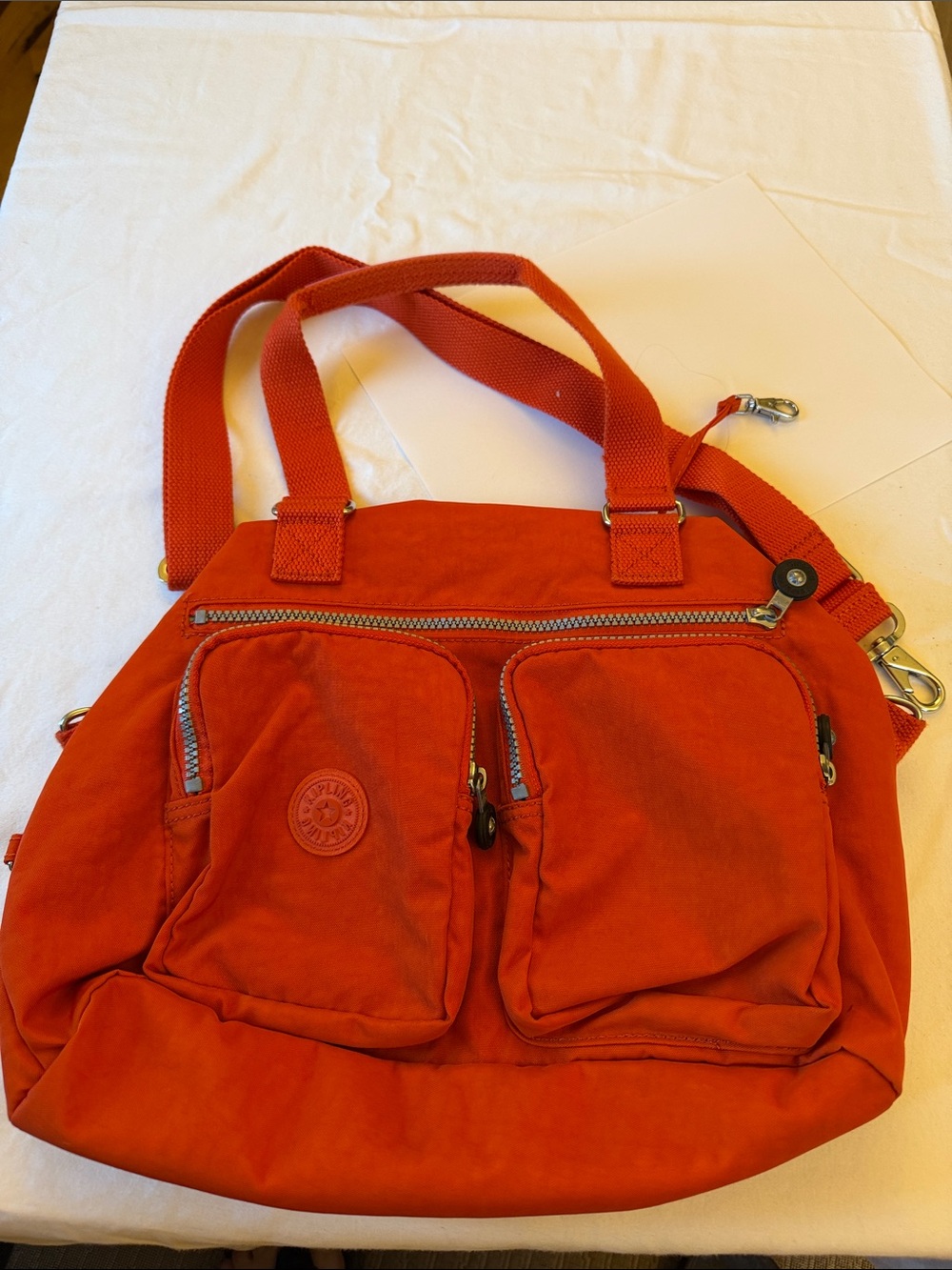 Kipling Bright Orange Nylon Shoulder Tote with Front Pockets